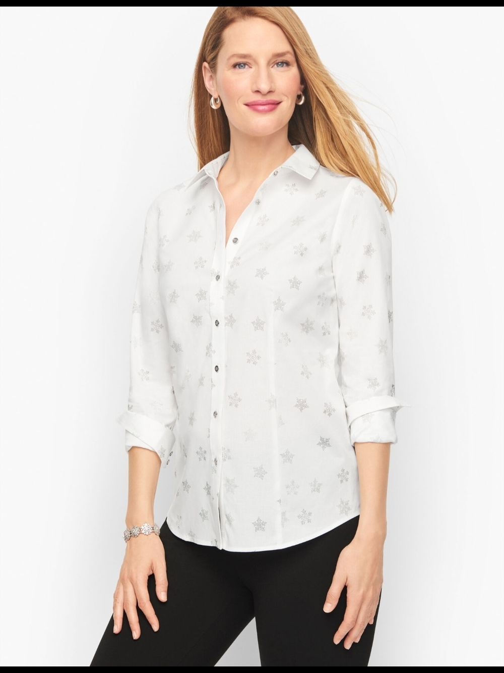 Talbots White Button-Front Shirt with Silver Star Print